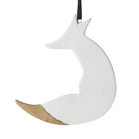 Porcelain Fox Ornament, White + Gold